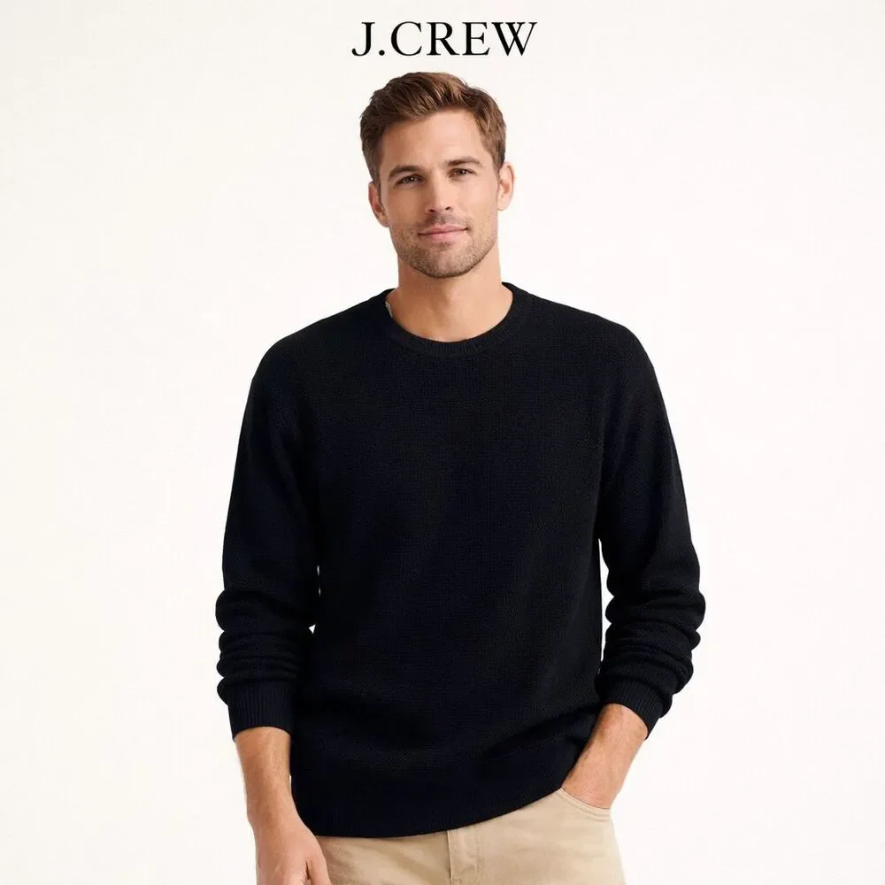 Knit for J Crew Waffle Knit Crew Neck Mens Sz L Black Cotton Textured Pullover